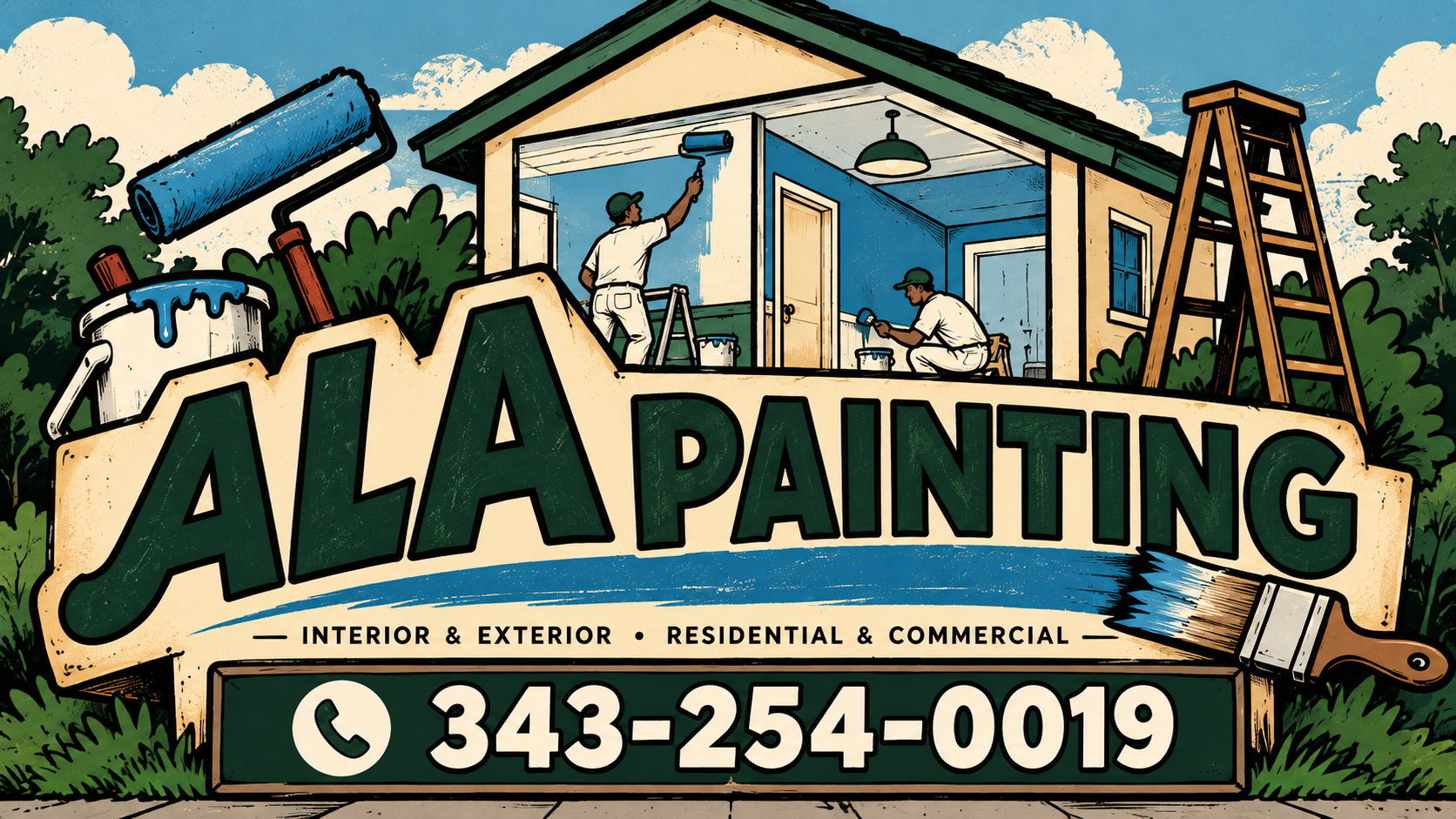 ALA Painting retro cartoon illustration with two painters and a house