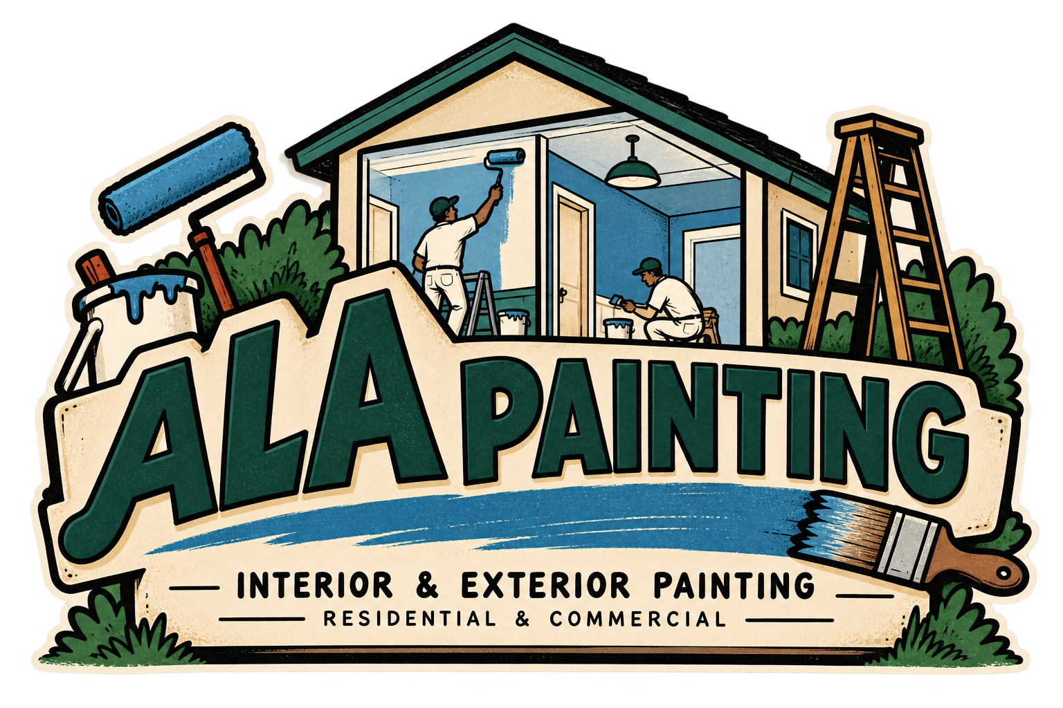 Vintage illustrated ALA Painting logo showing painters working inside a house